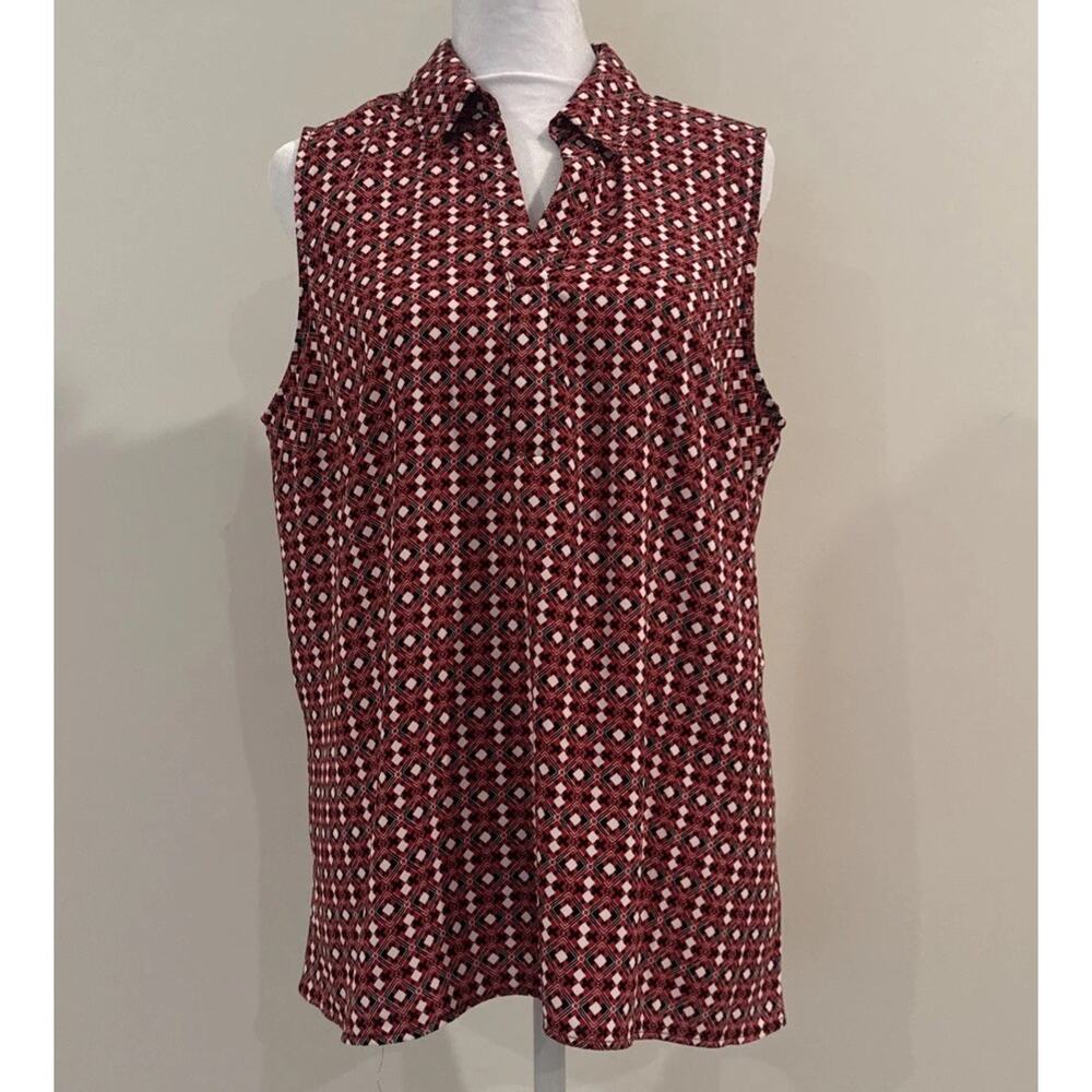 DANA BUCHMAN Women’s L Sleeveless Geometric Red Black Blouse City Preppy